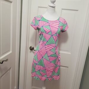 Mahi Gold "Annie" Cap Sleeve Dress, Size Small Pink, White, Green